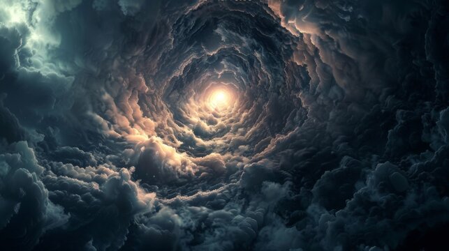 The swirling clouds form a clear path leading towards the peaceful center creating an eerie and surreal atmosphere.
