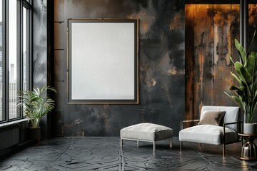 A large white framed picture hangs on a wall in a room with a black