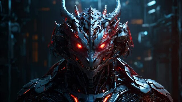 Dragon cyborg humanoid red glowing eyes