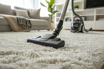 A black vacuum cleaner is on a white carpet in a living room - obrazy, fototapety, plakaty