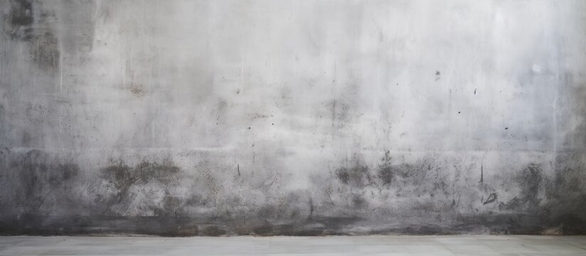 A room with concrete walls and a floor resembling a natural landscape, featuring shades of grey and wood elements. The monochrome cityscape adds depth to the horizon