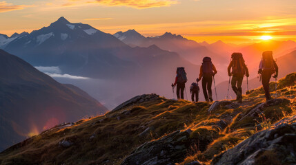 A serene scene of hikers on a mountain ridge with the warm glow of sunrise in the background