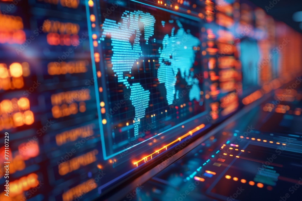 Poster a computer monitor displays a map of the world with a blue dot in the middle