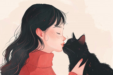 A girl and her cat. Illustration of a pet lover. Concept of friendship between animals and humans. A girl and her cat. Illustration of a pet lover.