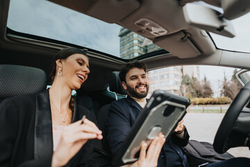 A professional man and woman laugh together in the backseat of a car, sharing content on a tablet.