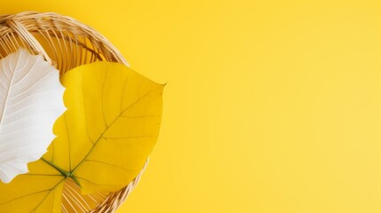 close-up of a basket with one large white St. George leaf on a minimalist white background on a yellow background no text, no inscriptions, no advertising, --ar 16:9 --quality 0.5 --stylize 0 --v 5.2