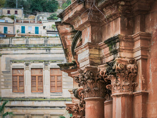 Close-up of columns with acanthus leaves, antiquity, Sicily, Modica, ancient architecture,  detail...