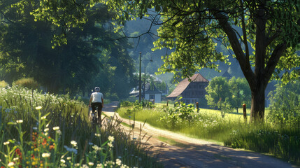 A leisurely cyclist enjoys a peaceful ride on a picturesque country road surrounded by lush greenery and blooming wildflowers