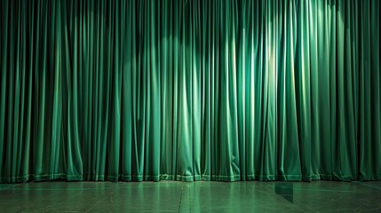 A green curtain in a theater serves as a textured background, evoking a dramatic and artistic atmosphere