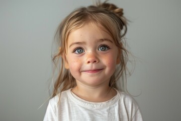 A young girl with blonde hair and blue eyes is smiling at the camera