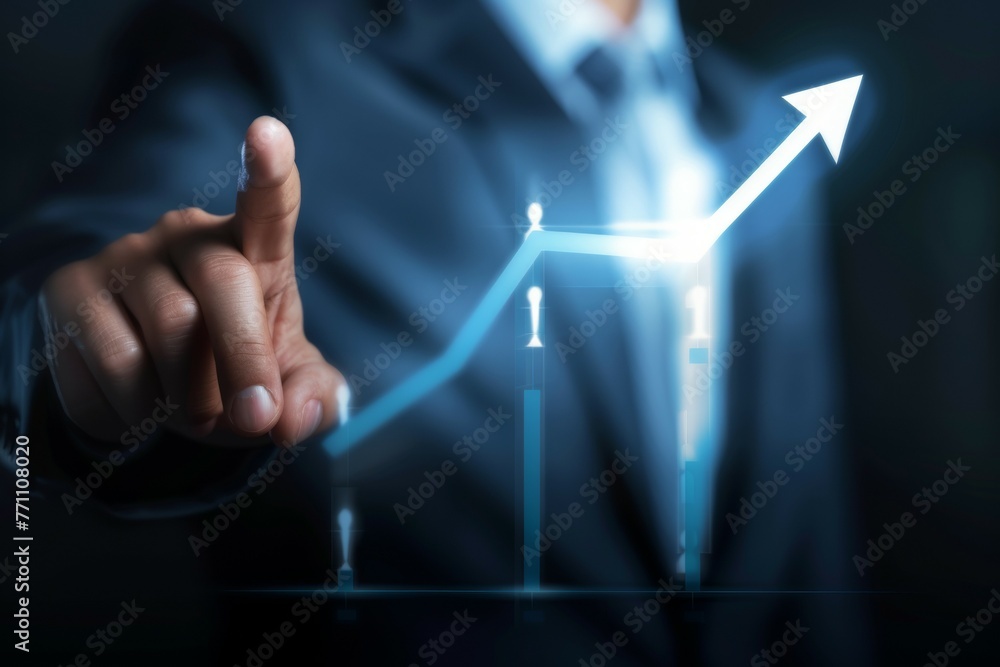 Aufkleber a man in a suit is pointing to a graph with an arrow on it