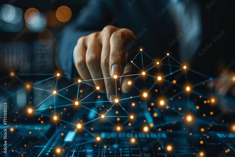 Poster a hand is pointing at a network of dots on a computer screen