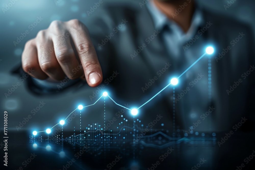 Aufkleber a man is pointing at a graph with a blue line