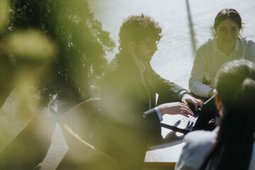 Diverse business associates discuss strategies for growth at an outdoor coffee bar, embodying...