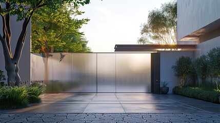 A main gate with a translucent panel featuring frosted glass or acrylic, allowing natural light to filter through and creating a sense of openness and connection to the outdoors in - obrazy, fototapety, plakaty