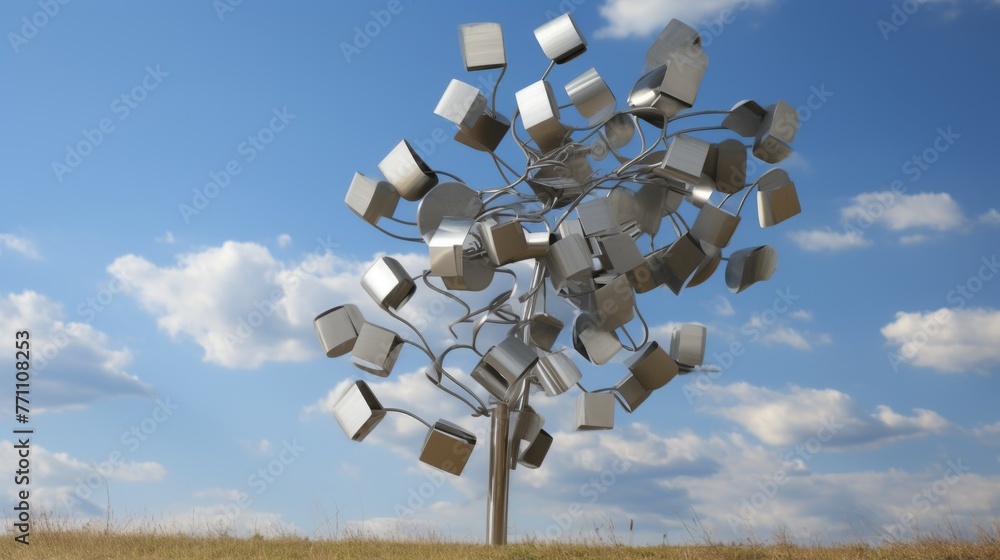 Poster outdoor sculpture consisting of many moving elements that change shape and size with the wind, creat