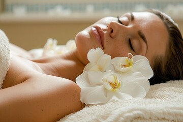 Serene Woman Enjoying a Luxury Spa Treatment with White Orchids on Her Face, Lying on a Massage Table
