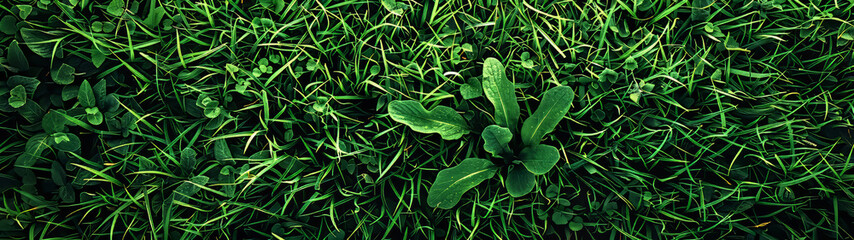 Top view of a dense clover and grass field, highlighting variations in plant types within the greenery - obrazy, fototapety, plakaty