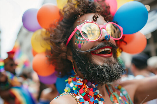 Drag King on gay pride day, woman with false beard and moustache celebrating with joy on the streets of lgbt party