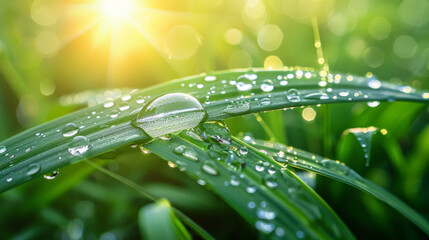 A closeup view of water droplets on a single blade of grass illuminated by a sun flare, showing details and texture
