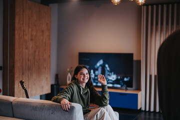 Happy woman greeting with a smile while relaxing with friends at a comfortable home setting