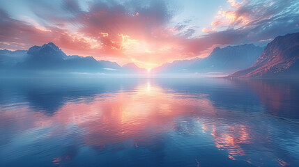 A serene and breathtaking view with a stunning sunset illuminating clouds, casting reflections over a calm mountain lake