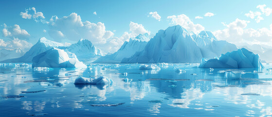 A digital image depicting a calm arctic scene with majestic ice-covered mountains and serene drifting icebergs reflecting in the water