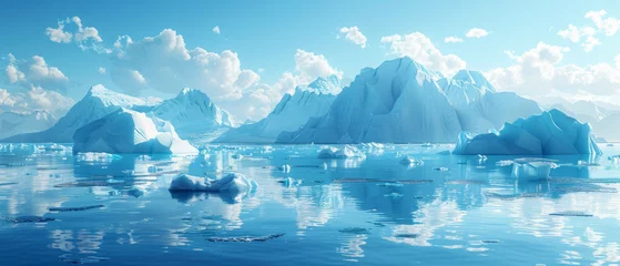 Foto op Canvas A digital image depicting a calm arctic scene with majestic ice-covered mountains and serene drifting icebergs reflecting in the water © Daniel