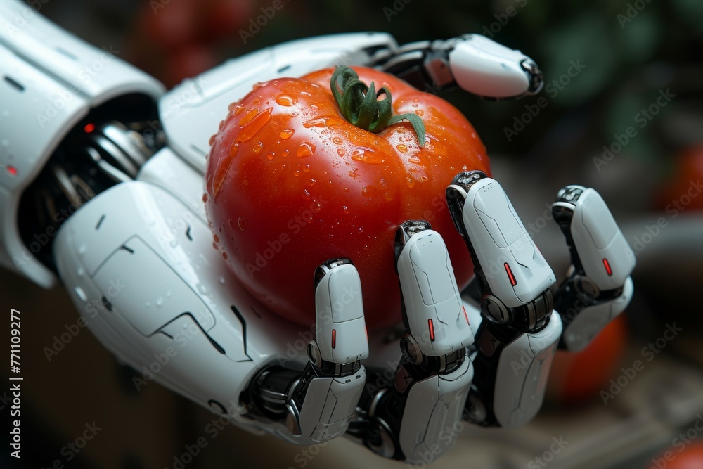 Poster a robot hand works on a modern farm. backdrop with selective focus and copy space