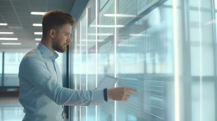 A salesman in a modern office checking a database checkbox on a transparent wall monitor. generative AI