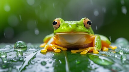 a bright green tree frog sitting on a leaf above the water