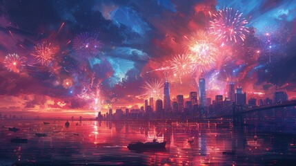 Futuristic cityscape with vibrant fireworks, Concept of celebration, urban life, and spectacular...