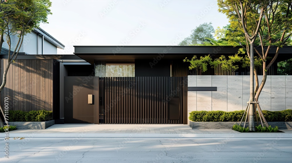 Poster a minimalist main gate design with clean, simple lines and monochromatic color scheme, blending seam