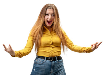 Middle-aged, screaming Caucasian girl with long blonde hair. She is wearing jeans and an ocher...