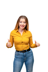 Caucasian girl, middle age, blonde hair, jeans, ocher shirt, gestures and thumbs up, advertising. PNG