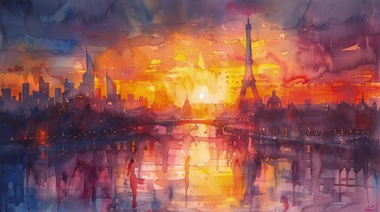 Impressionist Paris sunset with fiery sky reflecting in the Seine river, Concept of beauty,...