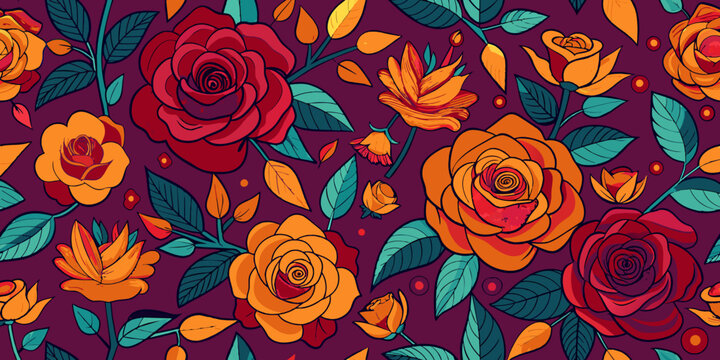 Seamless pattern with spring flowers and leaves. Hand drawn background. floral pattern for wallpaper or fabric. Flower rose. Botanic Tile.

