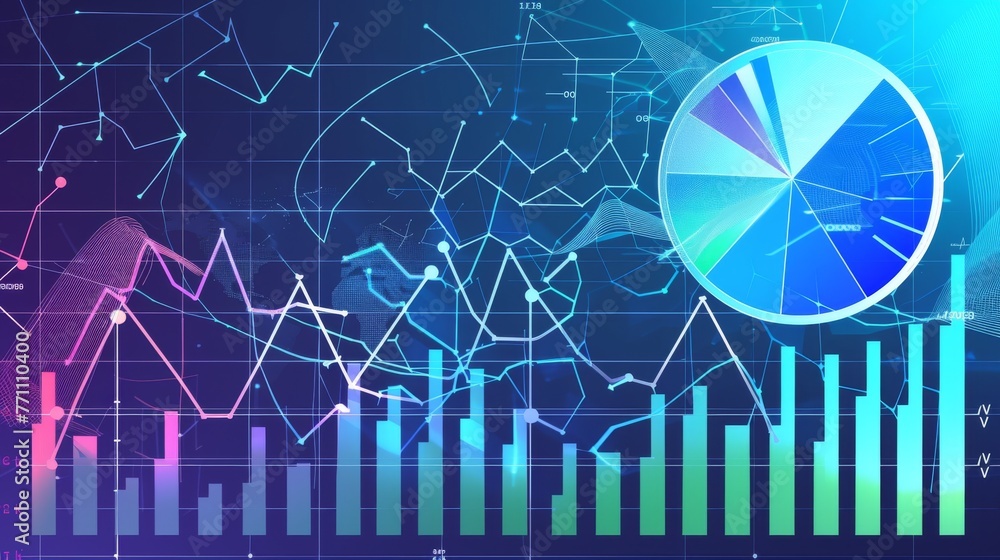 Poster an abstract data visualization background featuring overlapping charts, graphs, and pie chart in vib