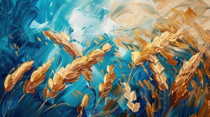Stylized wheat field artwork with a vibrant blue background, Concept of agriculture, growth, and natural resources
