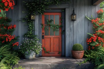 An entryway with a brightly colored orange door. 