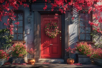 An entryway with a brightly colored red door. 