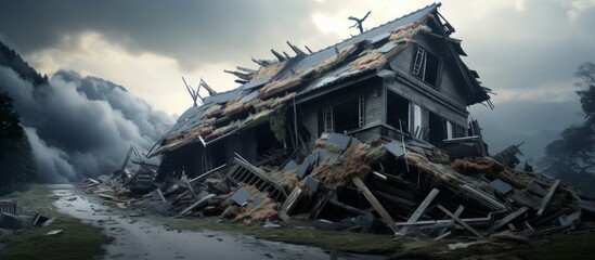 An ancient house stands atop a mound of debris, surrounded by trees and under a cloudy sky, in a picturesque landscape