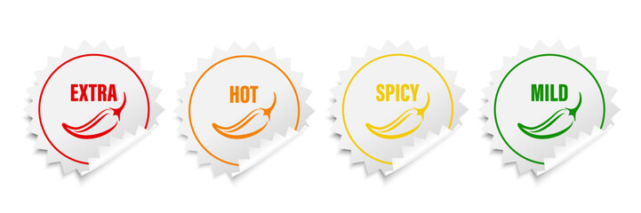 Realistic Vector Round Stickers with Spicy Chili Pepper Icon, Food Spicy Level. Red, Orange, Yellow, Green Jalapeno Pepper Strength Scale Sticker Indicators with Mild, Spicy, Hot and Extra Positions