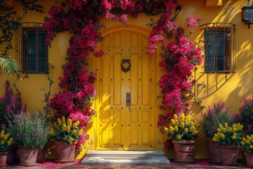 Fototapeta na wymiar An entryway with a brightly colored yellow door. 