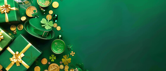 A stylish and elegant arrangement of Saint Patrick's day items with plenty of copy space, in a green and gold palette