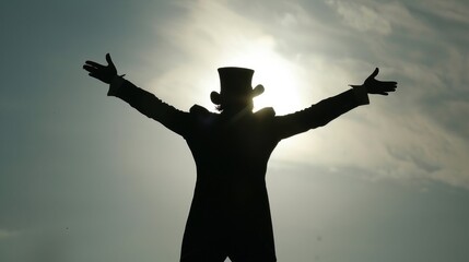 Silhouetted against the bright sky a figure stands with arms outstretched back facing the camera. Dressed in a top hat and tails . .