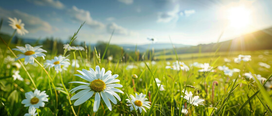 The bright sunlight cascades over a lush meadow filled with daisies, highlighting the vivid greens and whites