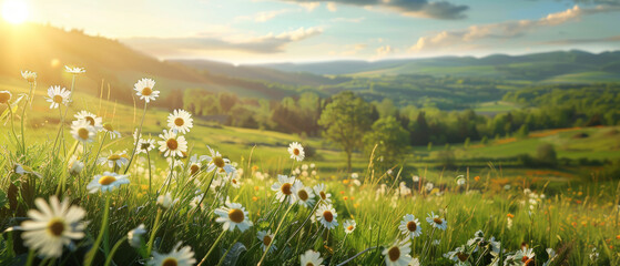 A field of white daisies takes center stage against a backdrop of softly lit hills, as the dawn's golden sunlight gently sweeps over the landscape