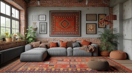 photo of a neat, simple, aesthetic and elegant family room with red brick walls - obrazy, fototapety, plakaty