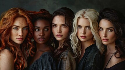 Obraz premium Group portrait of six beautiful ladies with different skin and hair color